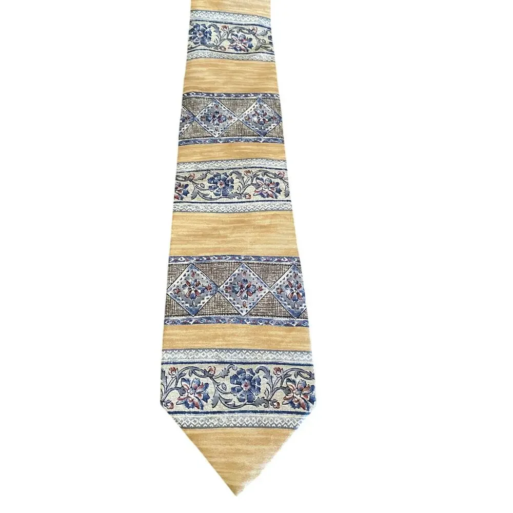 Etienne Aigner Silk Tie Gold Blue Floral Geometric Made In USA‎